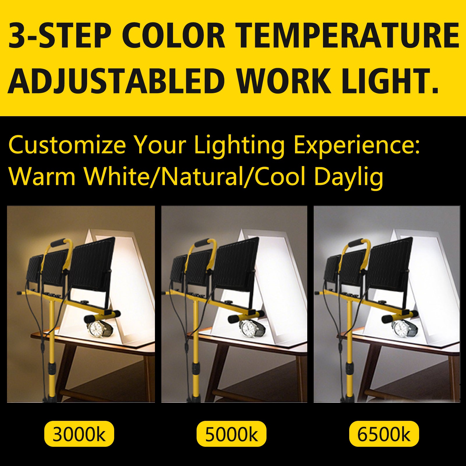 32000LM LED Work Light with Tripod, 3x100W 3-Head Floodlight, Plug-in 120V, 3 CCT 3000K/5000K/6500K, 360° Adjustable, IP66, 43.7-65.4 in, 16.4 ft Cord, Portable Telescoping Stand for Jobsite/Workshop