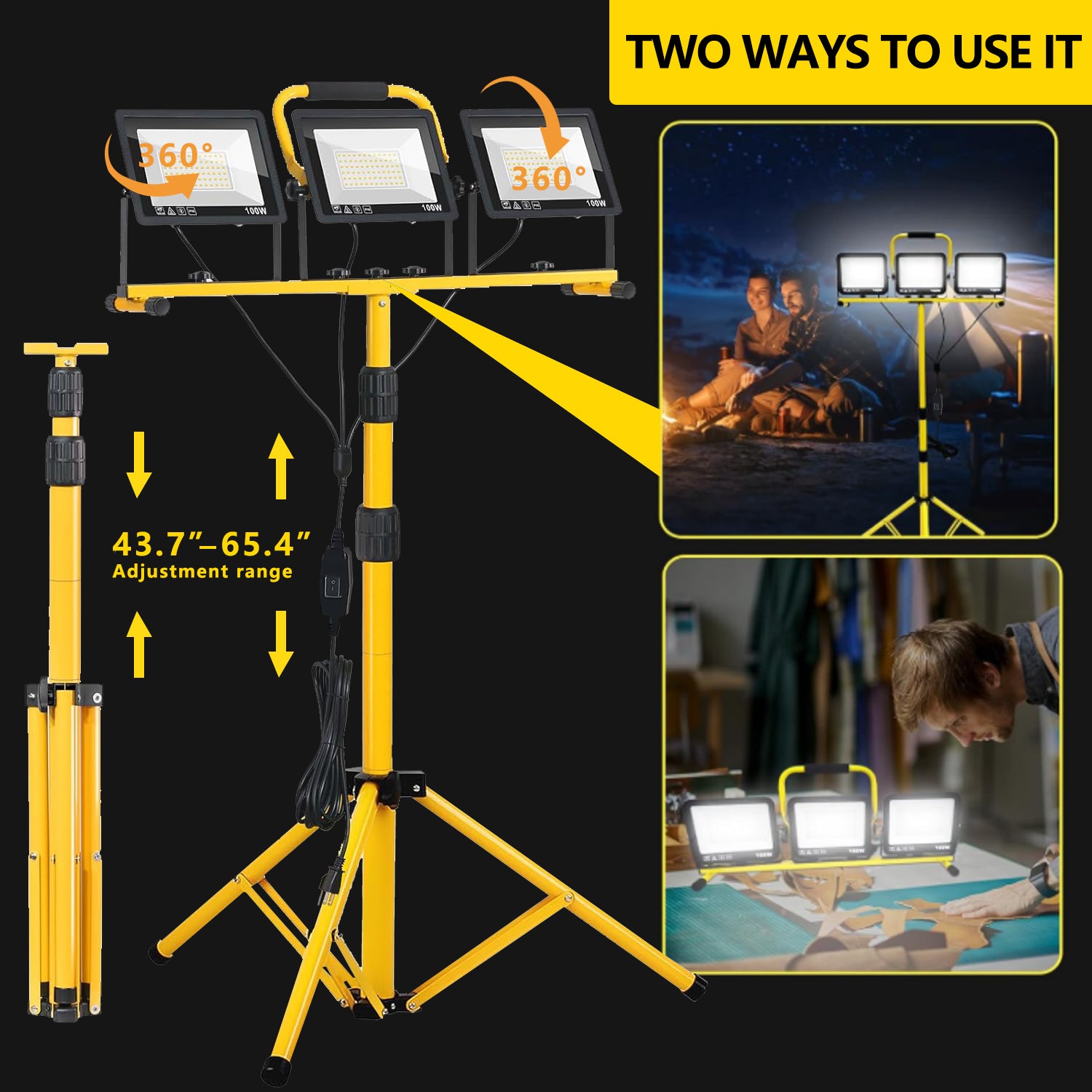 32000LM LED Work Light with Tripod, 3x100W 3-Head Floodlight, Plug-in 120V, 3 CCT 3000K/5000K/6500K, 360° Adjustable, IP66, 43.7-65.4 in, 16.4 ft Cord, Portable Telescoping Stand for Jobsite/Workshop